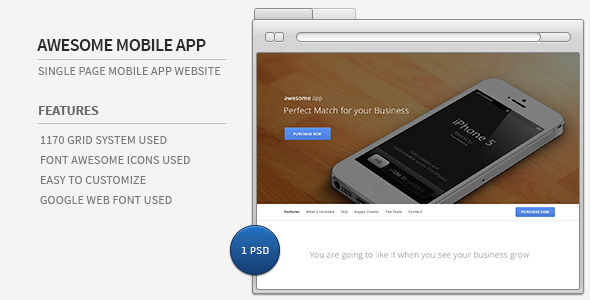 Awesome Mobile App – Single Page PSD Template