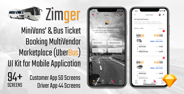 Zimger – Bus Booking UI Kit for iOS & Android