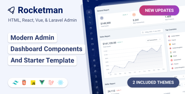 Rocketman – Tailwind CSS React 18+, Vuejs 3, HTML & Laravel 9 Admin Dashboard Template