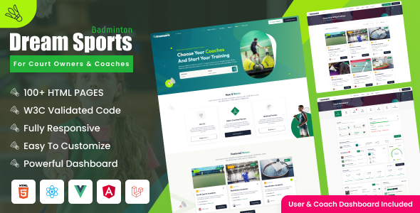 Dream Sports – Turf, Ground, Venues and Coaches Finder Booking Html, React, Angular Laravel Template